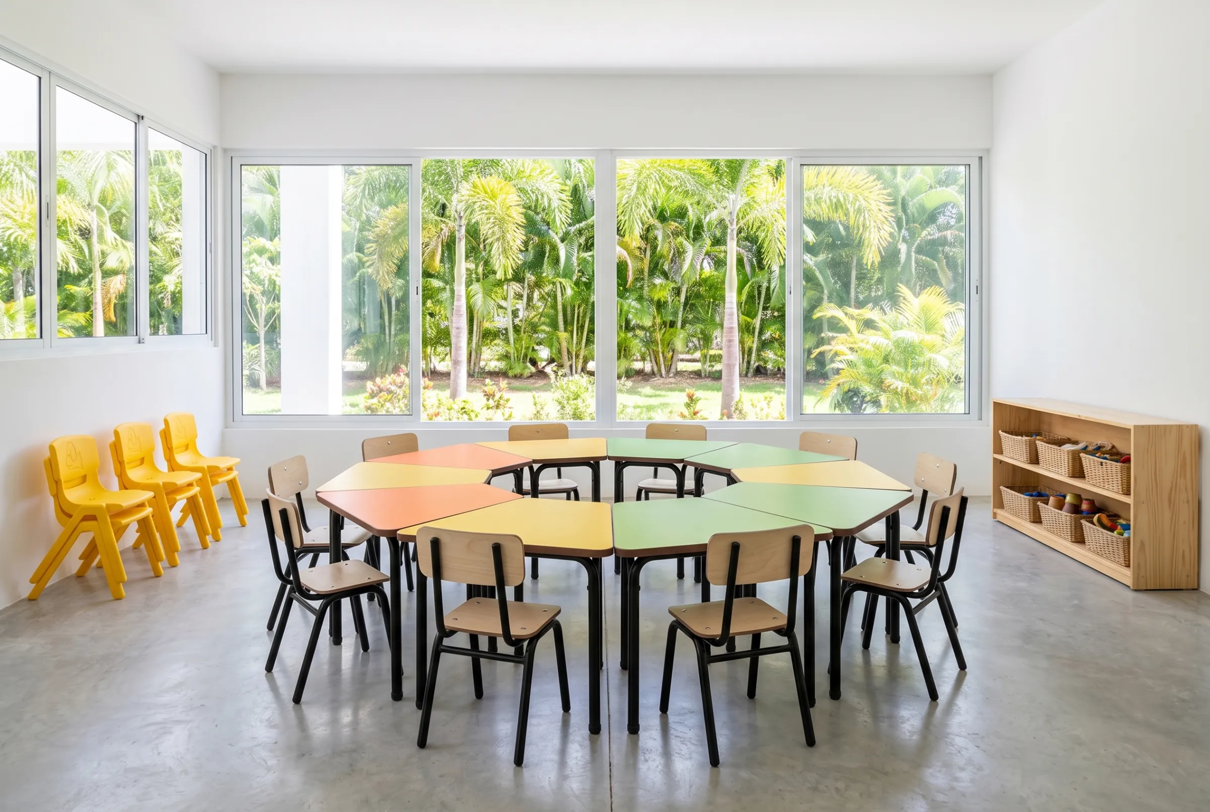 Sala de nivel inicial con mesas trapecio agrupadas y sillas Kinder