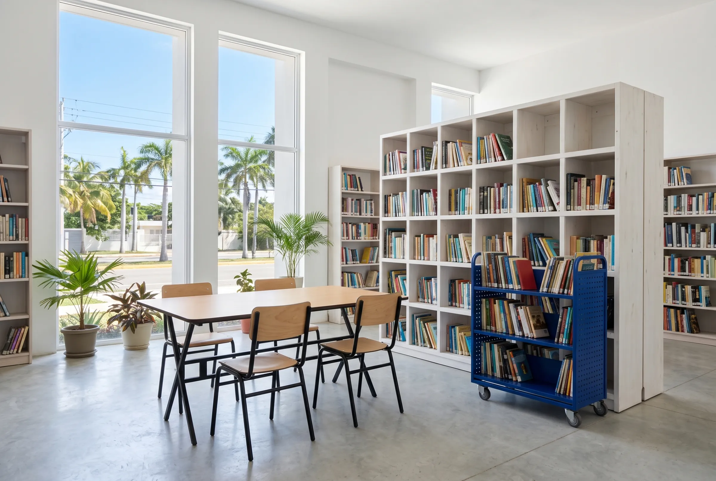 Biblioteca escolar con mesa de estudio, sillas y librero azul movible